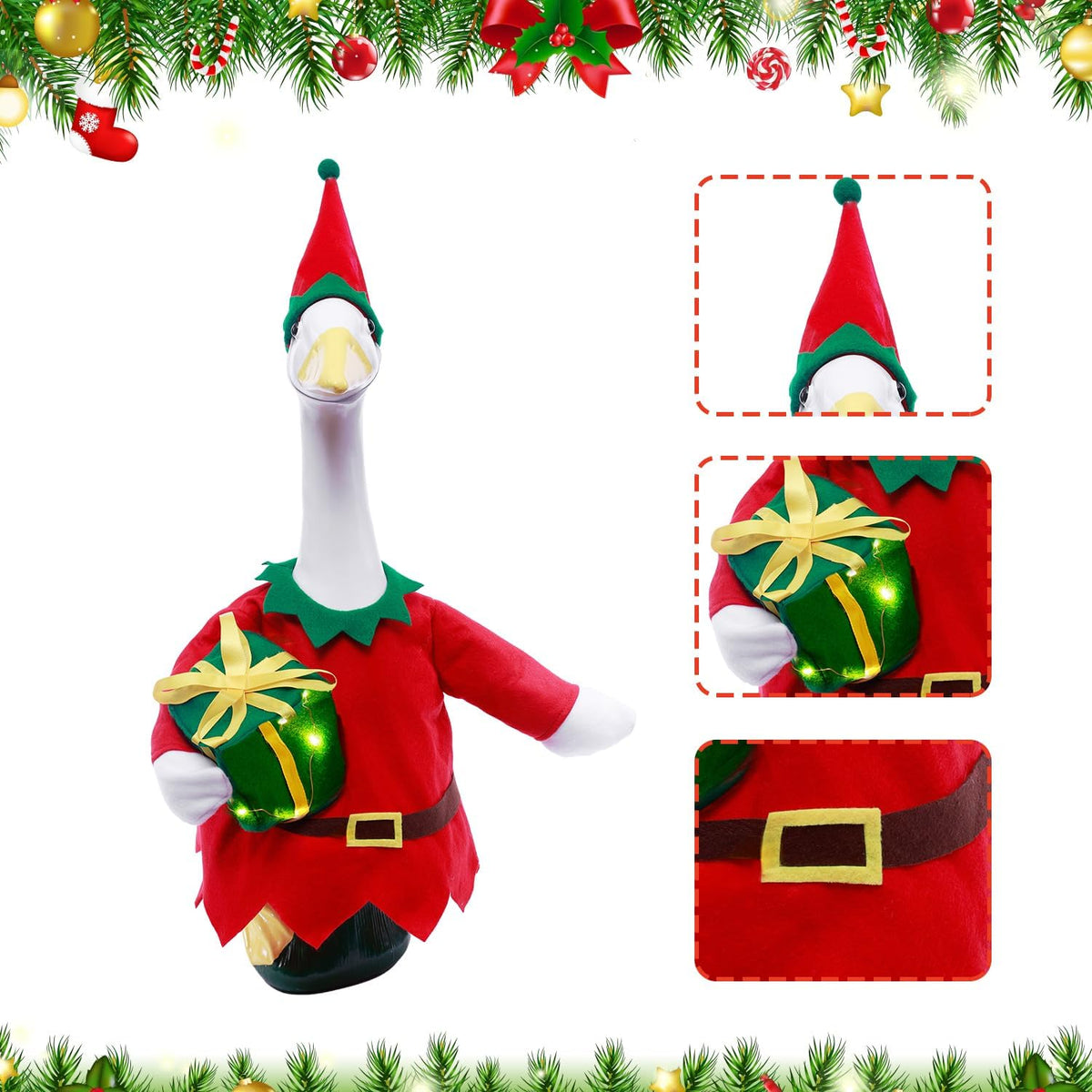 Christmas Toy Soldier Style Porch Goose Outfits,2 Pcs/Set Goose Clothes with Pointed Hat and Gift