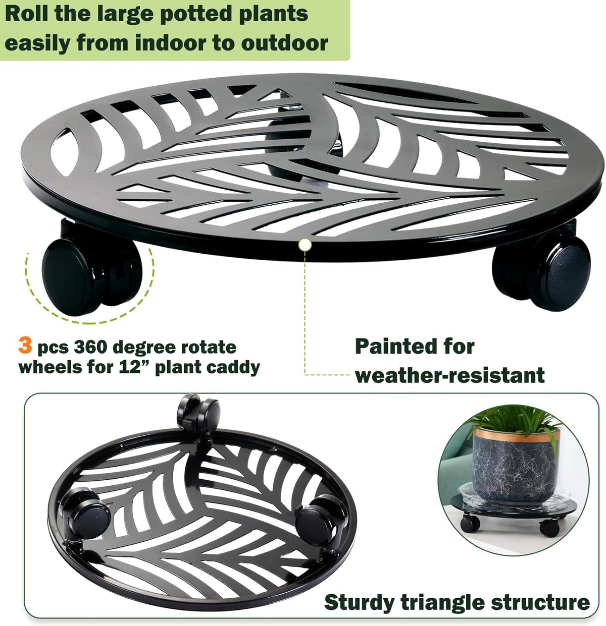 5 Packs Large Metal Plant Caddy with PU Wheels 12" Heavy-Duty Wrought Iron Rolling Plant Stands