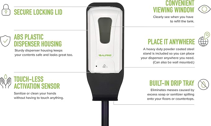 Alpine Automatic Hand Sanitizer Dispenser - Touchless Soap Dispenser with Floor Stand for