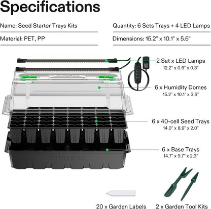 VIVOSUN 6-Pack Seed Starter Trays, 240-Cell Seed Starter Kit with 2 Set of LED Lights, 3.6" Higher