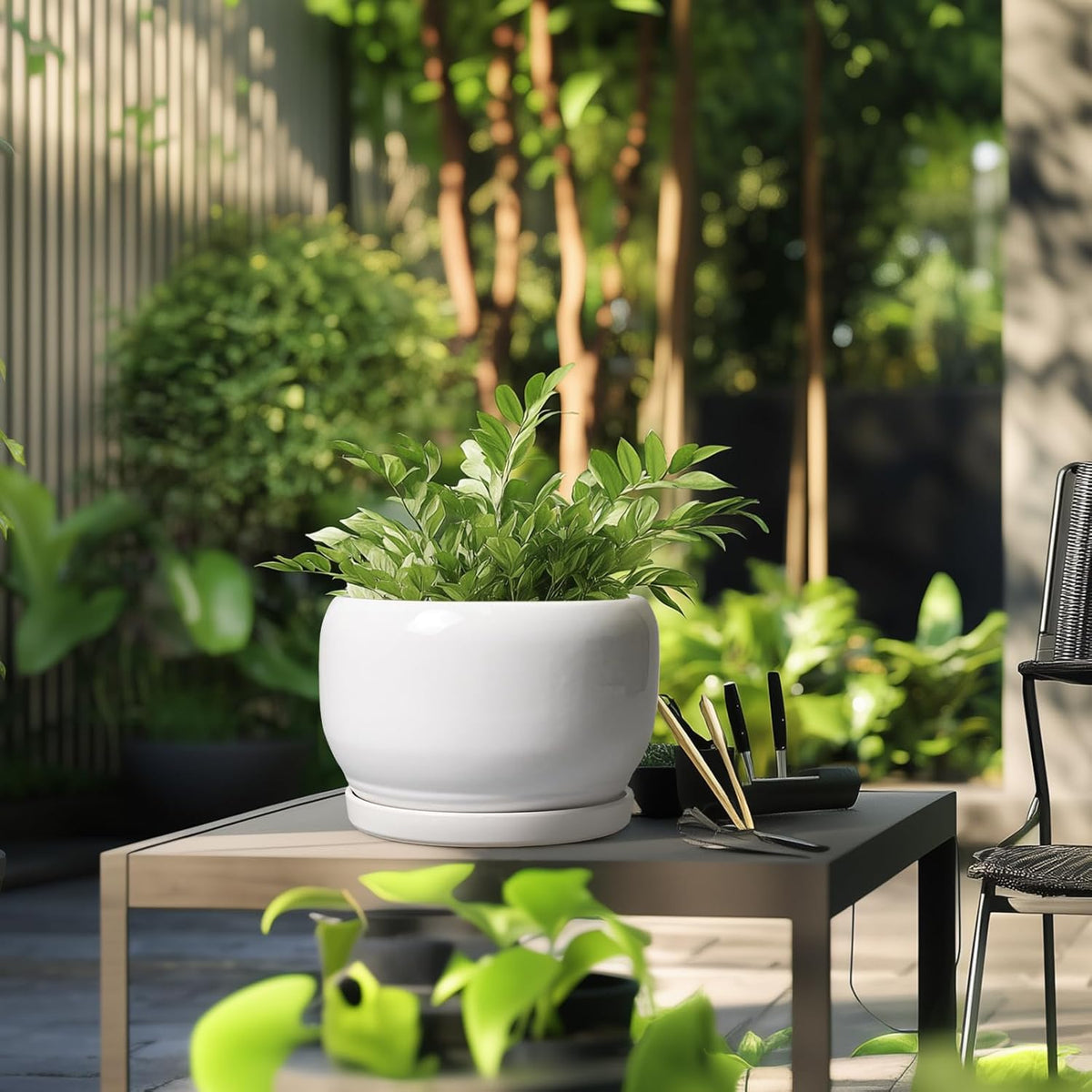 SQOWL Ceramic Pot for Plants - 10 Inch Planter with Drainage Hole and Saucer, Round Ceramic Flower