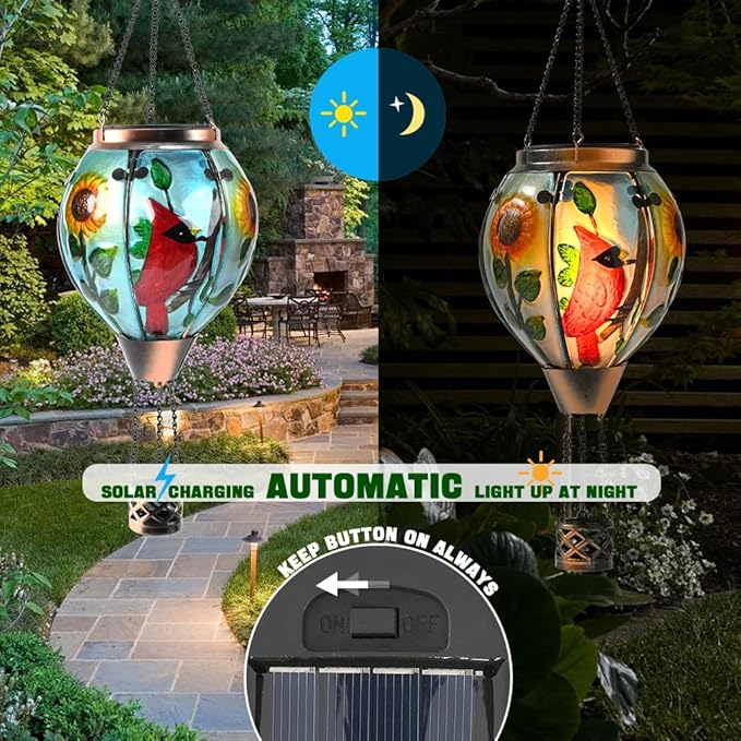 Hot Air Balloon Solar Lantern - Cardinal Bird Glass Lantern, Simulated Flickering & Dancing Flame