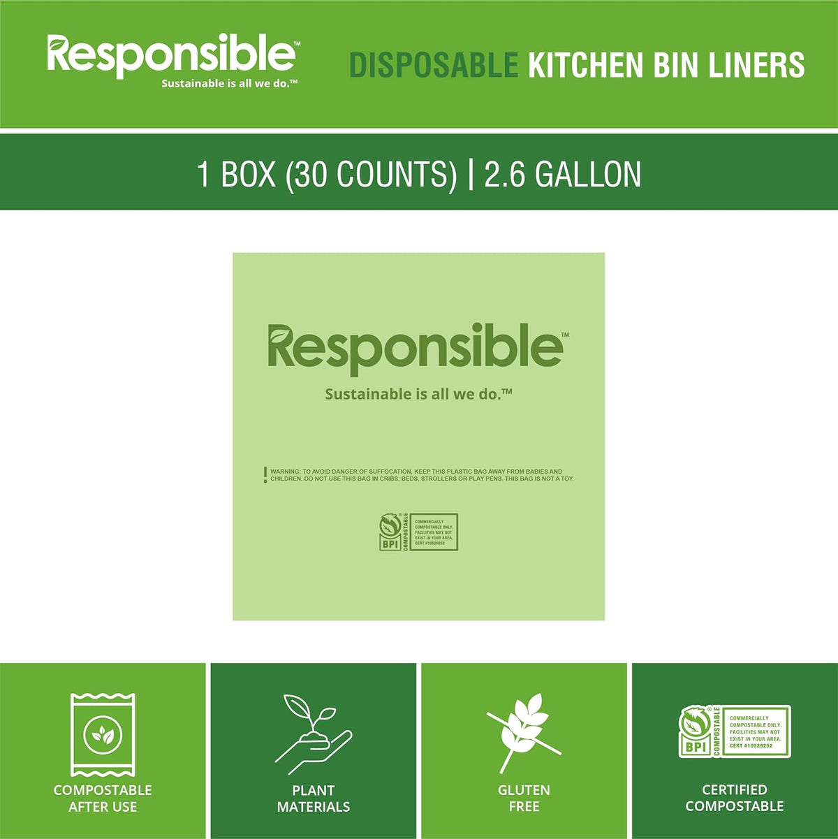 Responsible Products Kitchen Bin Liners, Certified Compostable, Heavy Duty Multipurpose Food Scrap