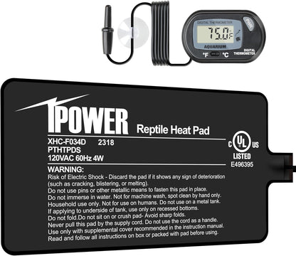 iPower 4 by 7-Inch 4W Reptile Heat Mat, LCD Digital Aquarium Thermometer, Under Tank Warmer