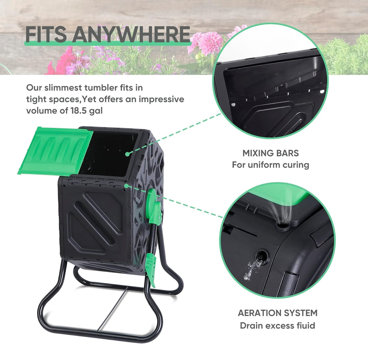 F2C 18.5 Gallon Compost Tumbler Compost Bin All-Season Outdoor BPA Free Single Rotating Chamber