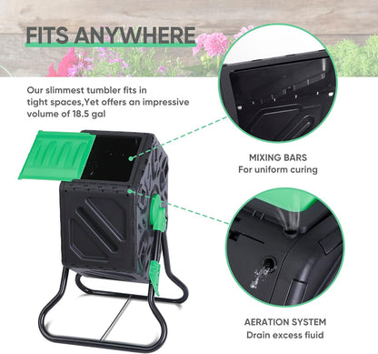 F2C 18.5 Gallon Compost Tumbler Compost Bin All-Season Outdoor BPA Free Single Rotating Chamber