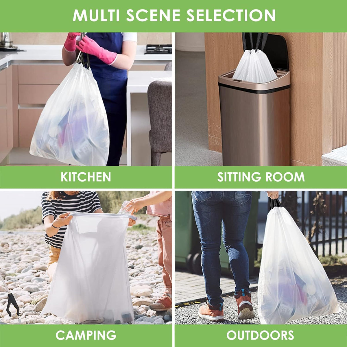 Teivio 15 Gallon 60 Counts Strong Tall Kitchen Drawstring Trash Bags, Medium Plastic Garbage Bags
