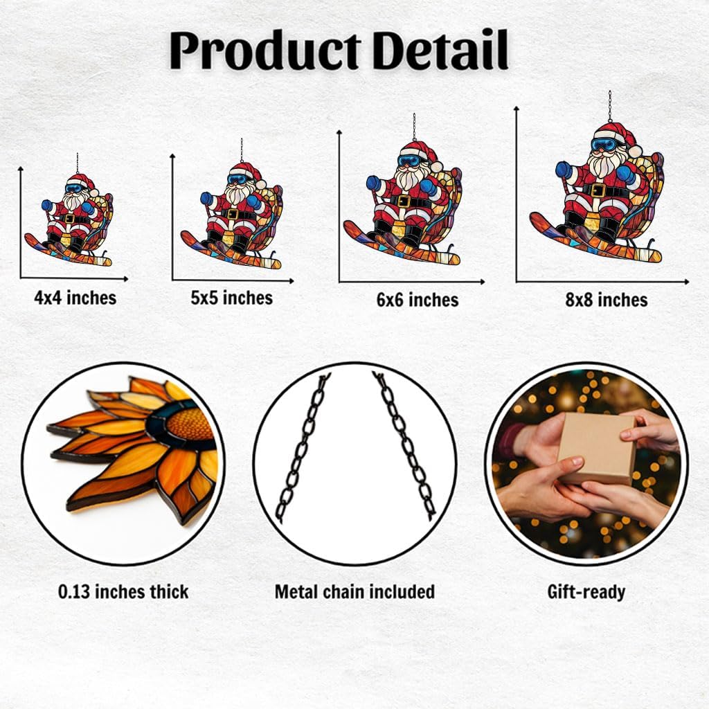 Funny Santa Claus Skiing Acrylic Suncatcher Stained Glass Effect Window Car Hanging Christmas