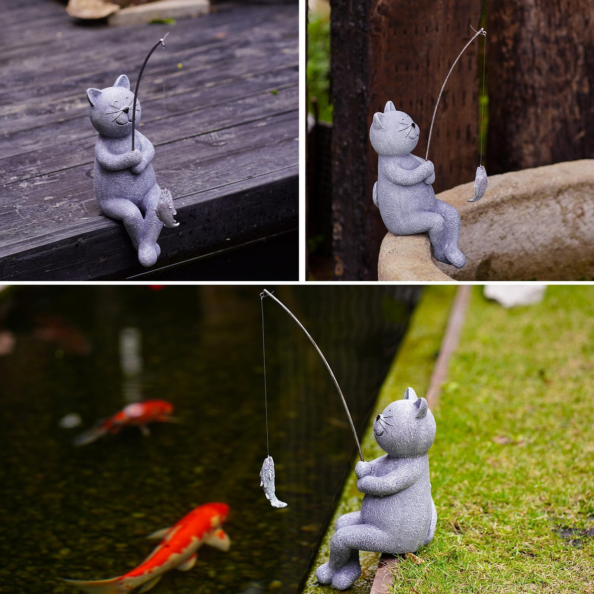 Goodeco Fishing Cat Garden Statue – 10" Little Cat Fisher for Garden Pond Decor, Poolside Statue