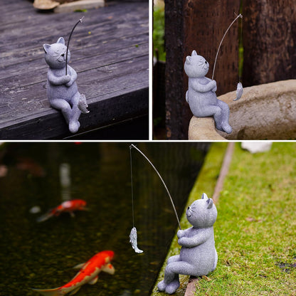 Goodeco Fishing Cat Garden Statue – 10" Little Cat Fisher for Garden Pond Decor, Poolside Statue