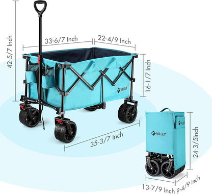 VILLEY Collapsible Folding Wagon with Big Wheels, All Terrain Beach Wagon Cart Heavy Duty Foldable