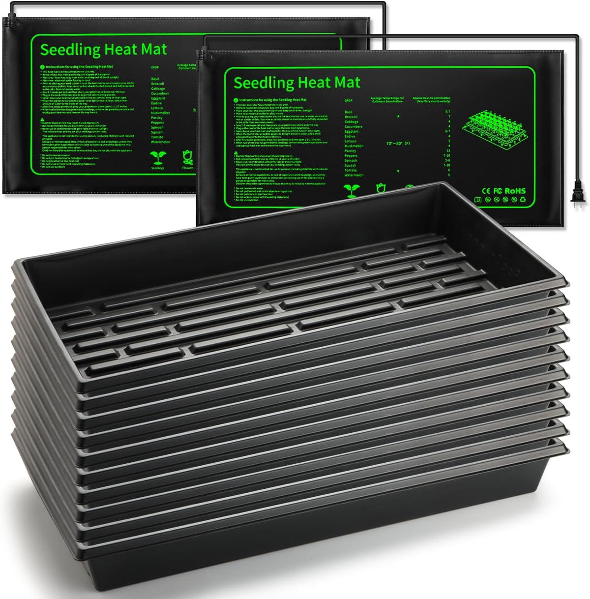 Seed Starter Kit - 10 Pack 1020 Seed Trays with 2 Seedling Heat Mats for Plants (10"x20.5")