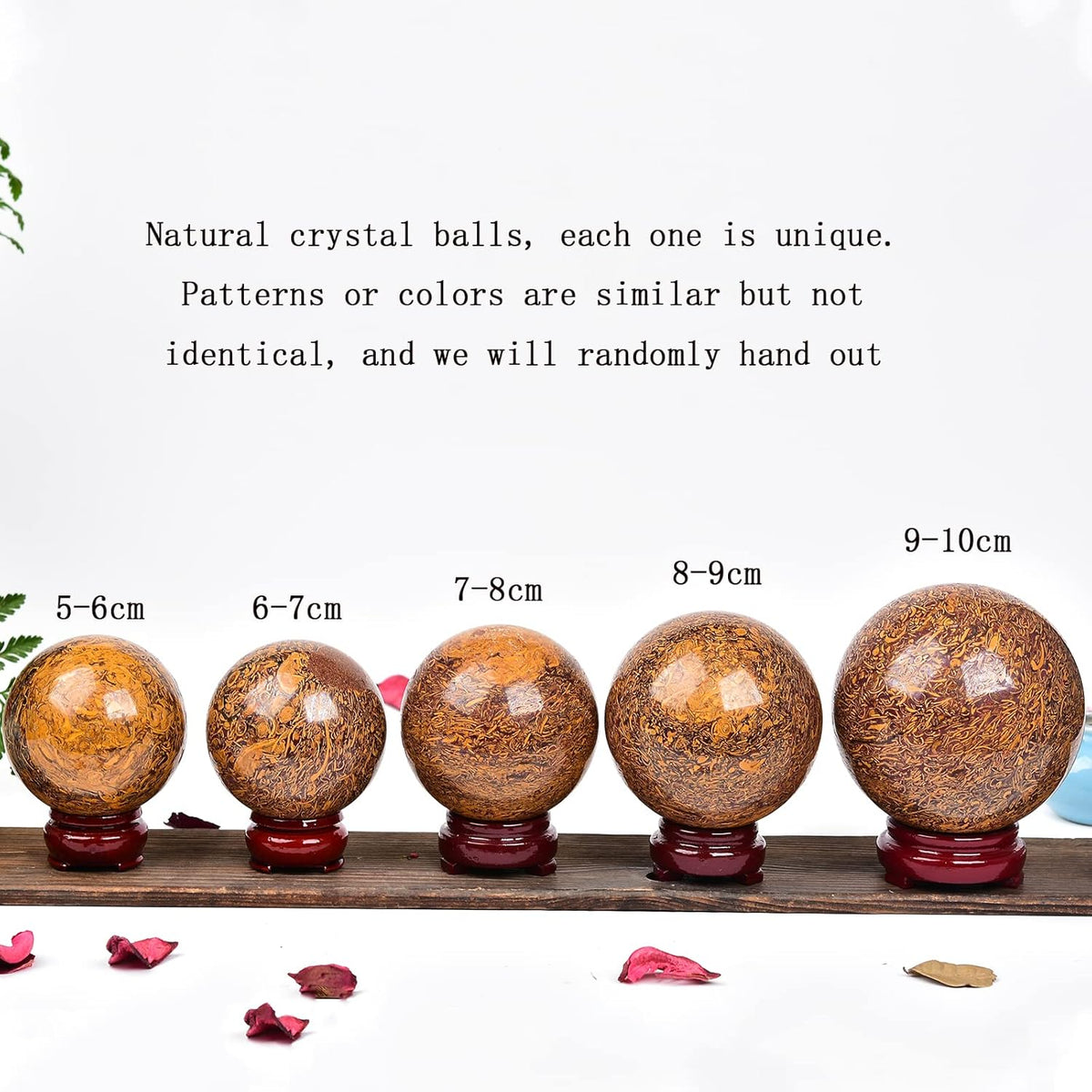 JIC Gem Real Natural Crystal Sphere Ball with Wooden Stand for Fengshui Golden Jade Healing Crystal
