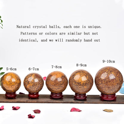 JIC Gem Real Natural Crystal Sphere Ball with Wooden Stand for Fengshui Golden Jade Healing Crystal