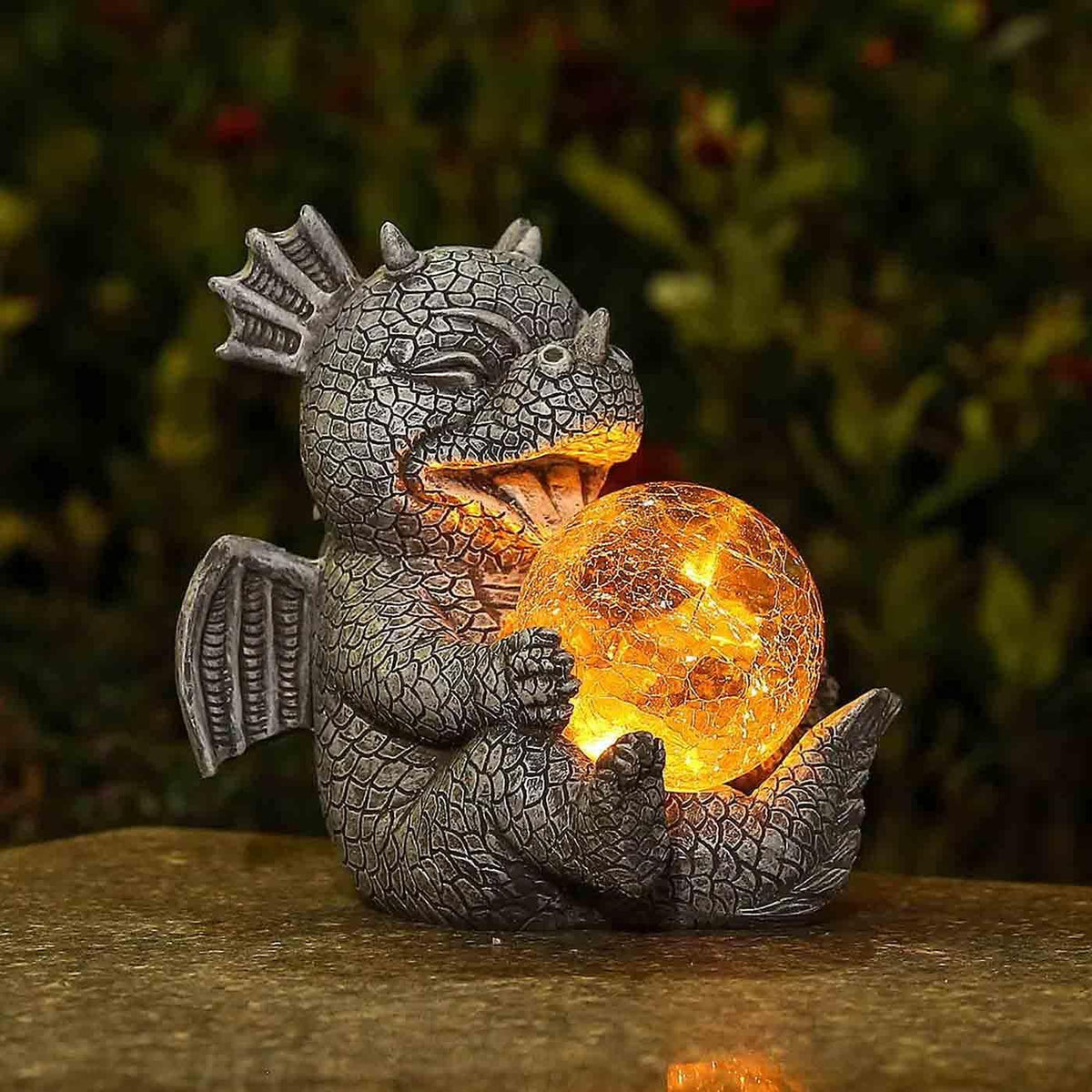 Garden Dragon Statue Solar Powered Outdoor Figurine Light Decor Cute and Hold Glowing Glass Ball