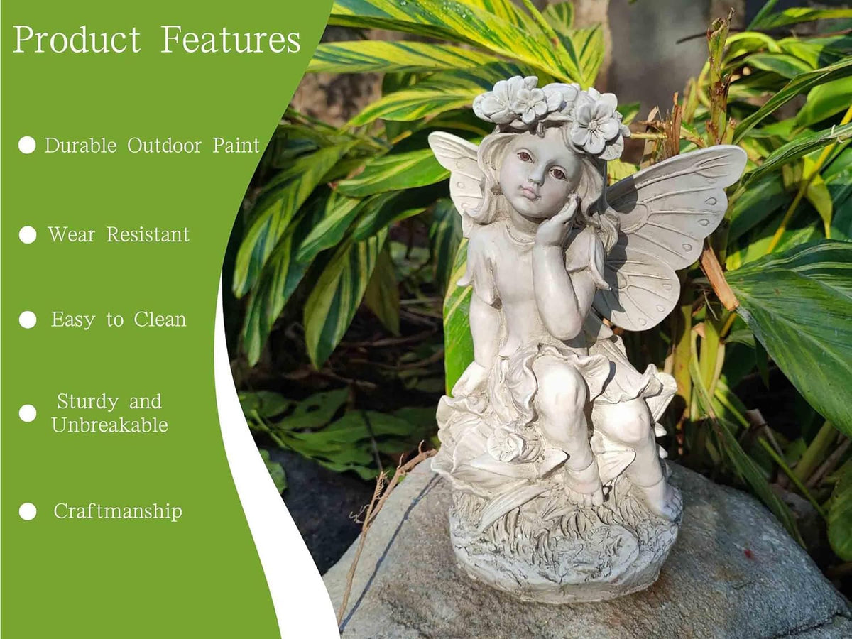 MeritMode 12.8" Fairy Garden Outdoor Guardian Angel Statue - Waterproof Resin with Flower Base