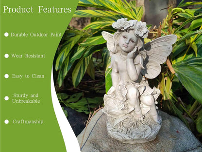 MeritMode 12.8" Fairy Garden Outdoor Guardian Angel Statue - Waterproof Resin with Flower Base