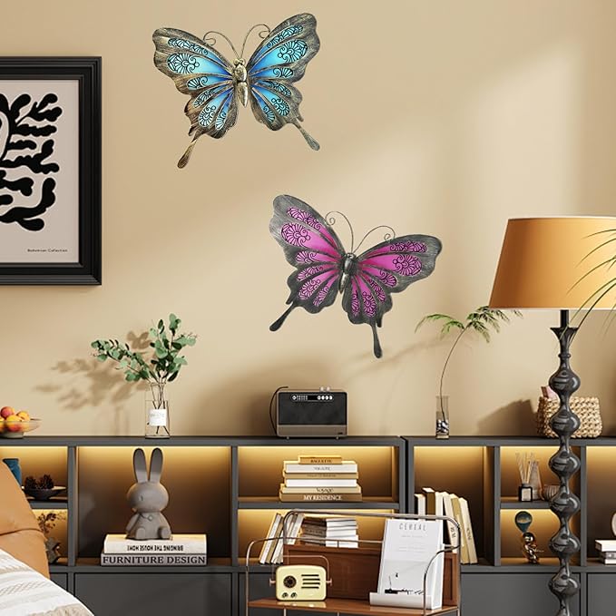 LIFFY Metal Butterfly Wall Decor,2Pack 12" Glass Butterfly Outdoor Wall Art Sculptures,Hanging