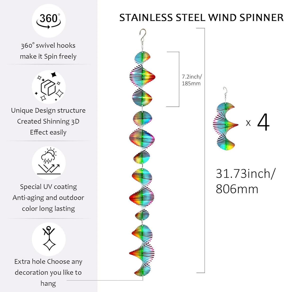 Rainbow Wave Wind Spinners Outdoor Hanging Garden Decor,Bird Deterrents for Outside,Sparkly