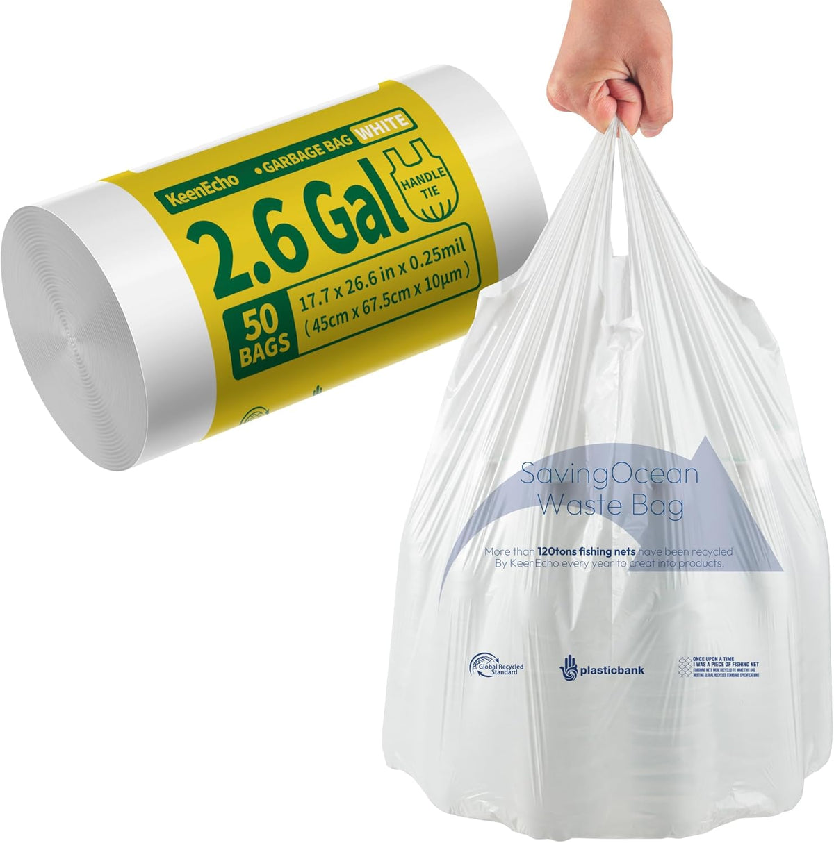 Small Trash Bags with Handles 2.6 Gallon 50 Count White - Ocean Plastic Upcycling - Plastic Garbage