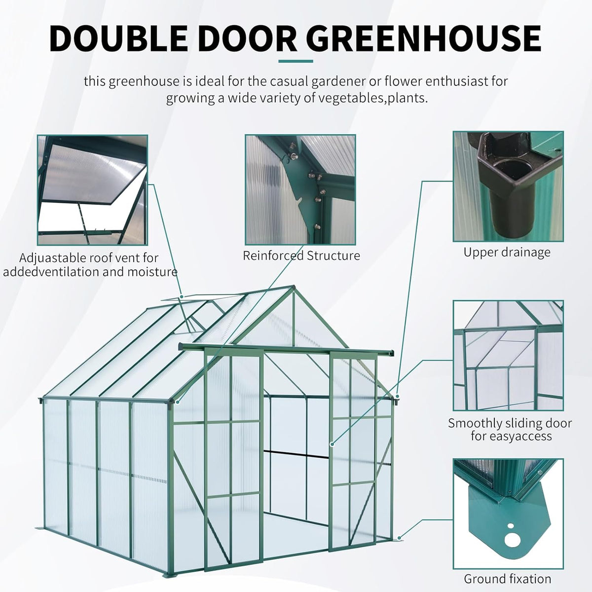 KEIKI 8x8 FT Double Door Polycarbonate Greenhouse with Aluminum Frame,Raised Base and Roof