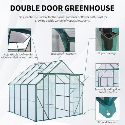 KEIKI 8x8 FT Double Door Polycarbonate Greenhouse with Aluminum Frame,Raised Base and Roof