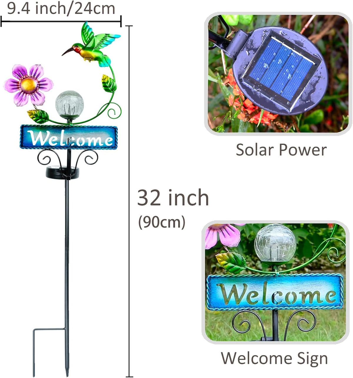 Outdoor Solar Garden Lights with Welcome Sign, Hummingbird Ornament Metal Stake Lights for Lawn