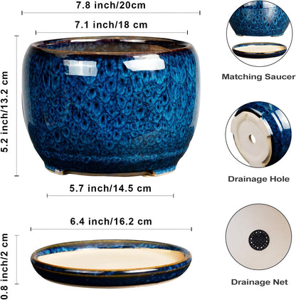 SQOWL Ceramic Planter 8 Inch - Pot for Indoor Outdoor Plants Round Ceramic Plant Pot with Drainage