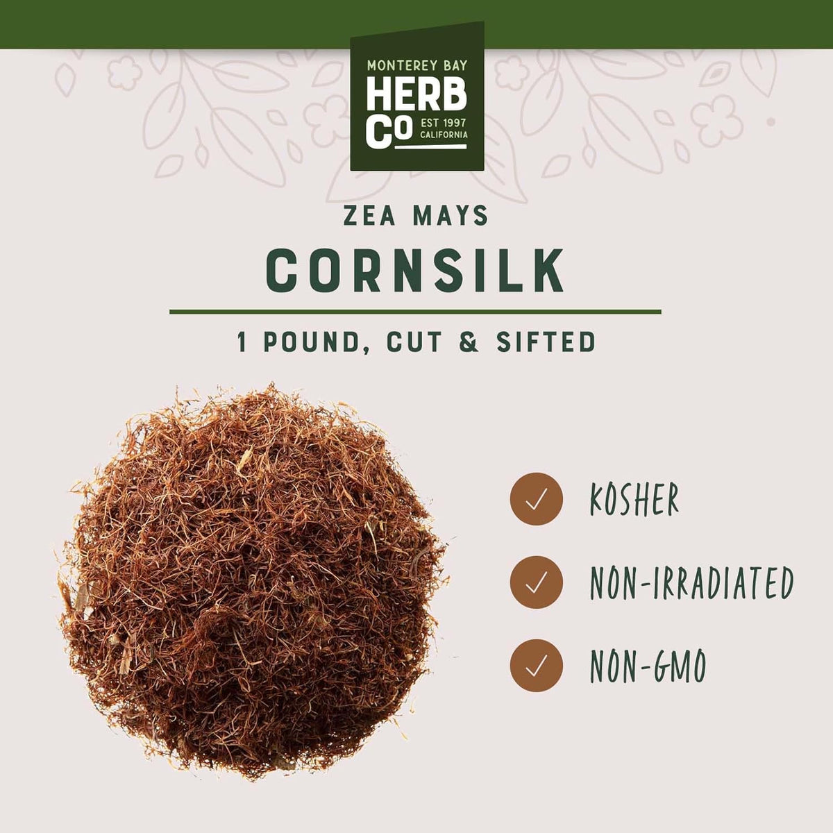 MONTEREY BAY HERB CO. Cornsilk, Cut & Sifted | Use for Teas, Dietary Supplement, Skin Washes | from