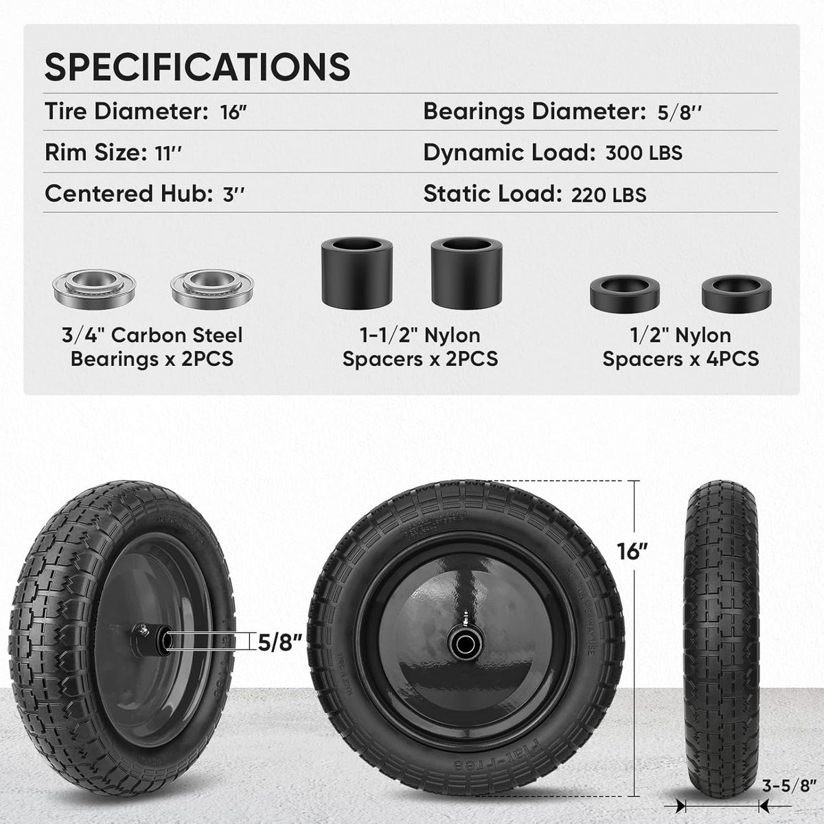 TICONN 4.80/4.00-8 Tire, 16" Flat Free Wheelbarrow Tire and Wheel, Solid Replacement Tires with 3"