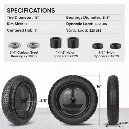 TICONN 4.80/4.00-8 Tire, 16" Flat Free Wheelbarrow Tire and Wheel, Solid Replacement Tires with 3"