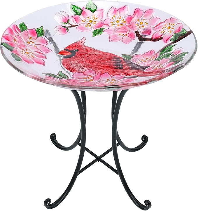 MUMTOP Outdoor Glass Birdbath with Metal Stand for Outside Lawn Yard Garden Cardinal