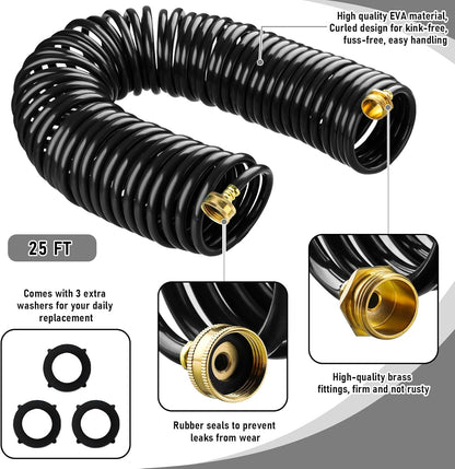 Pangda 25 Ft x 3/8'' Coil Garden Hose EVA Recoil Garden Self Coiling Expanding Water Hose with 6
