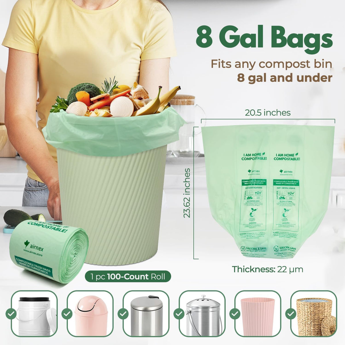 Compost Bags for Countertop Bin -Compostable Trash Bags made of Cornstarch - Leakproof & Tear