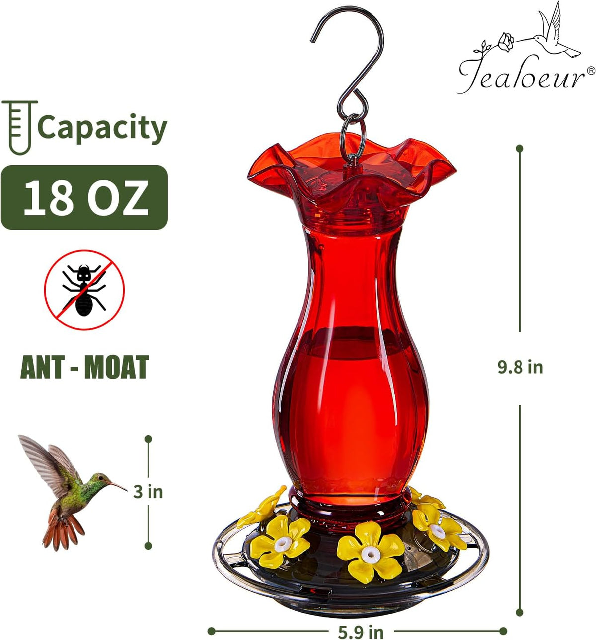 Hummingbird Feeder for Outdoors Hanging, 18 OZ Humming Birds Feeders with 6 Bee Guard Feeding Ports