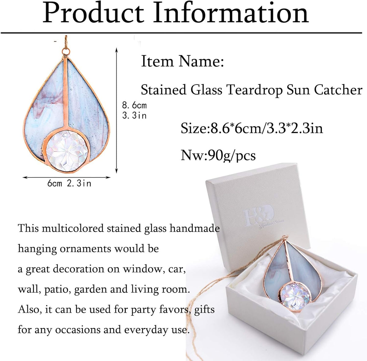 H&D HYALINE & DORA Art Stained Glass Suncatcher Teardrop Ornament, Suncatchers Hang for Window