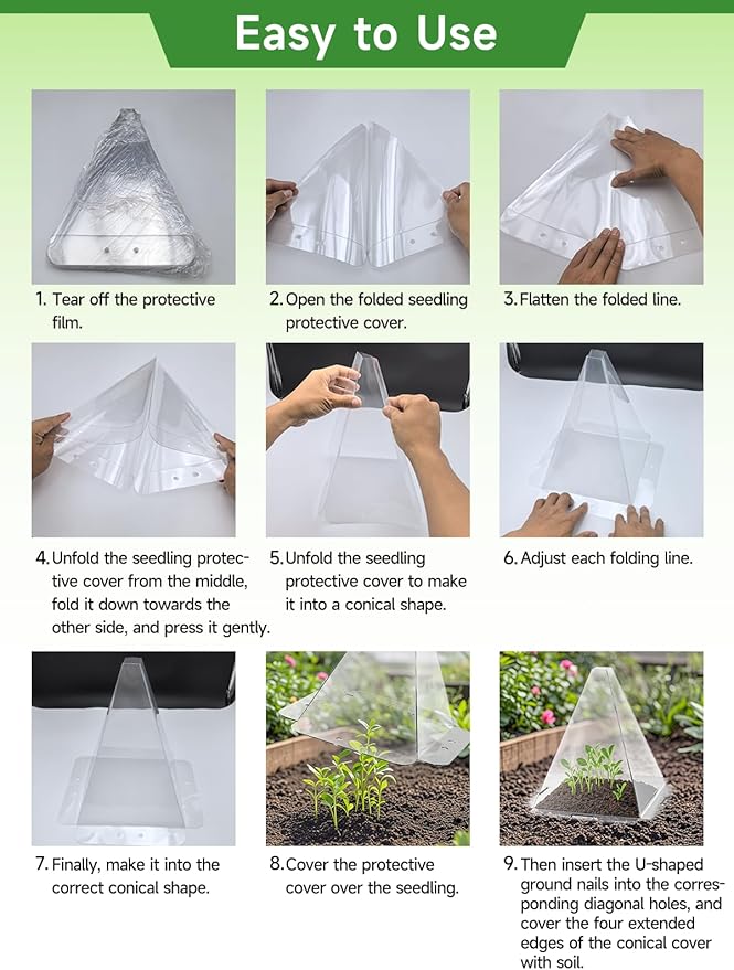 20 Pack Garden Cloches for Plants - Clear Reusable Plastic Seedling Covers with 40 Metal Stakes