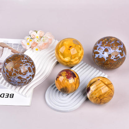 JIC Gem Natural Healing Crystal Sphere Ball Yellow Agate Crystal Decorative Ball with Display Stand