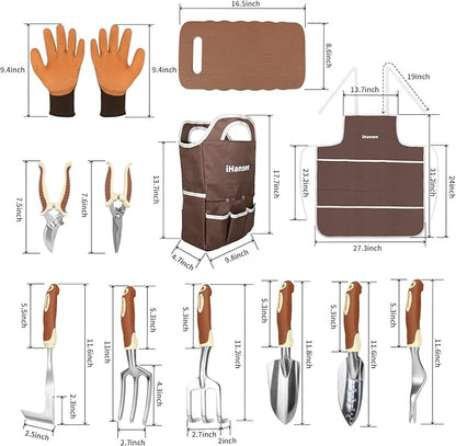 Brown Gardening Tools Set 12-Piece, Garden Hand Tool Kit with Non-Slip Ergonomic Handle, Storage