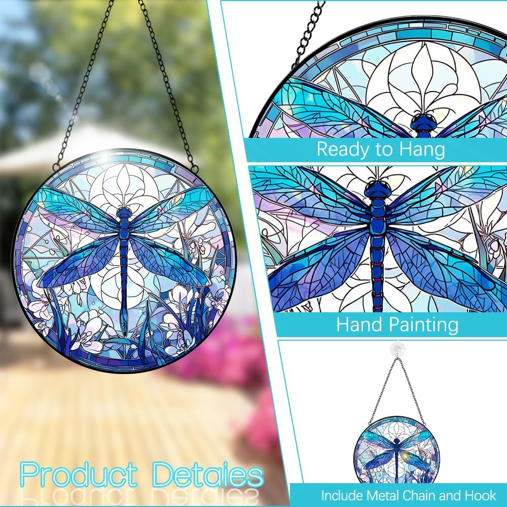 Dragonfly Suncatcher Stained Glass Window Hanging - 8” Stained Glass Suncatchers for Windows - Sun