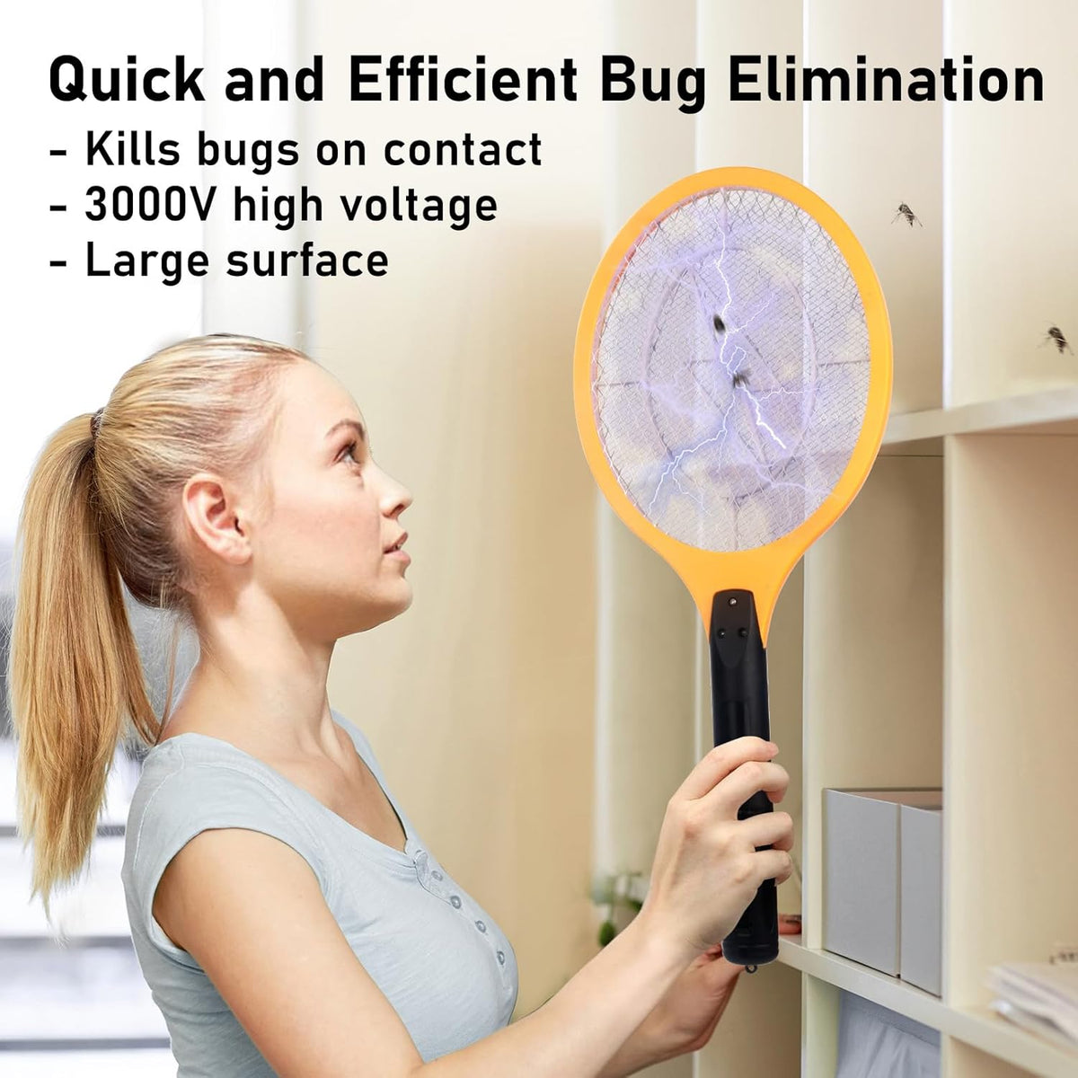 Electric Fly Swatter Handheld Bug Zapper - Indoor Outdoor 20in Zapping Racket for Pest Mosquito &