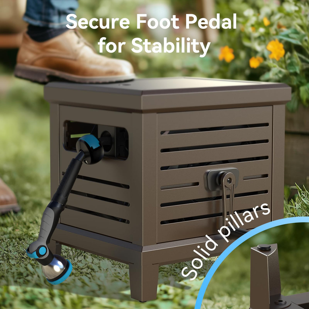 Relhost Hose Reel, Heavy Duty Metal Deck Box Hideaway Holds 125 ft x 5/8" Hose, Garden Hose Reel