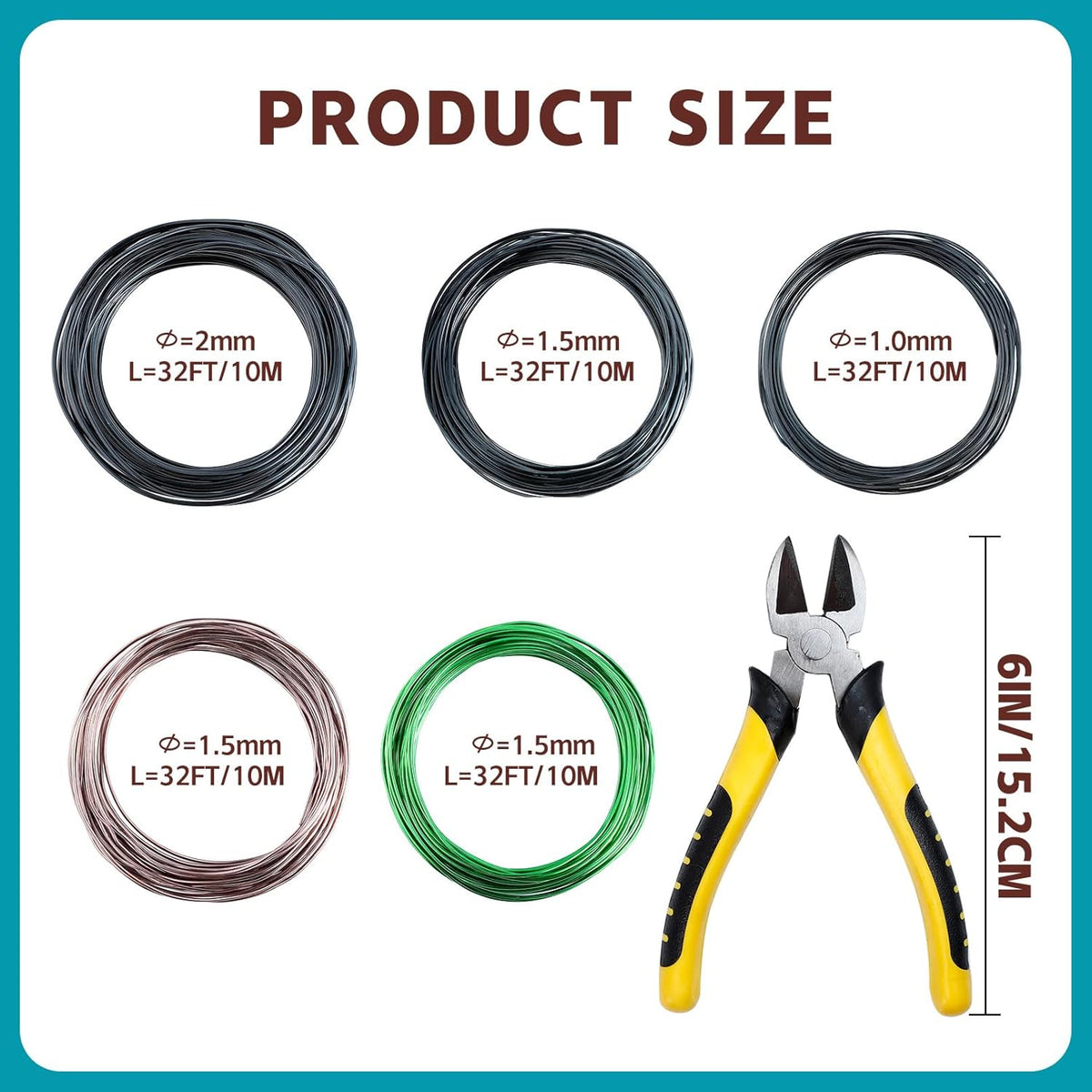 5 Roll Bonsai Wires, Anodized Aluminum Bonsai Training Wire with Wire Cutter, 3 Colors and 3 Sizes