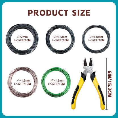 5 Roll Bonsai Wires, Anodized Aluminum Bonsai Training Wire with Wire Cutter, 3 Colors and 3 Sizes