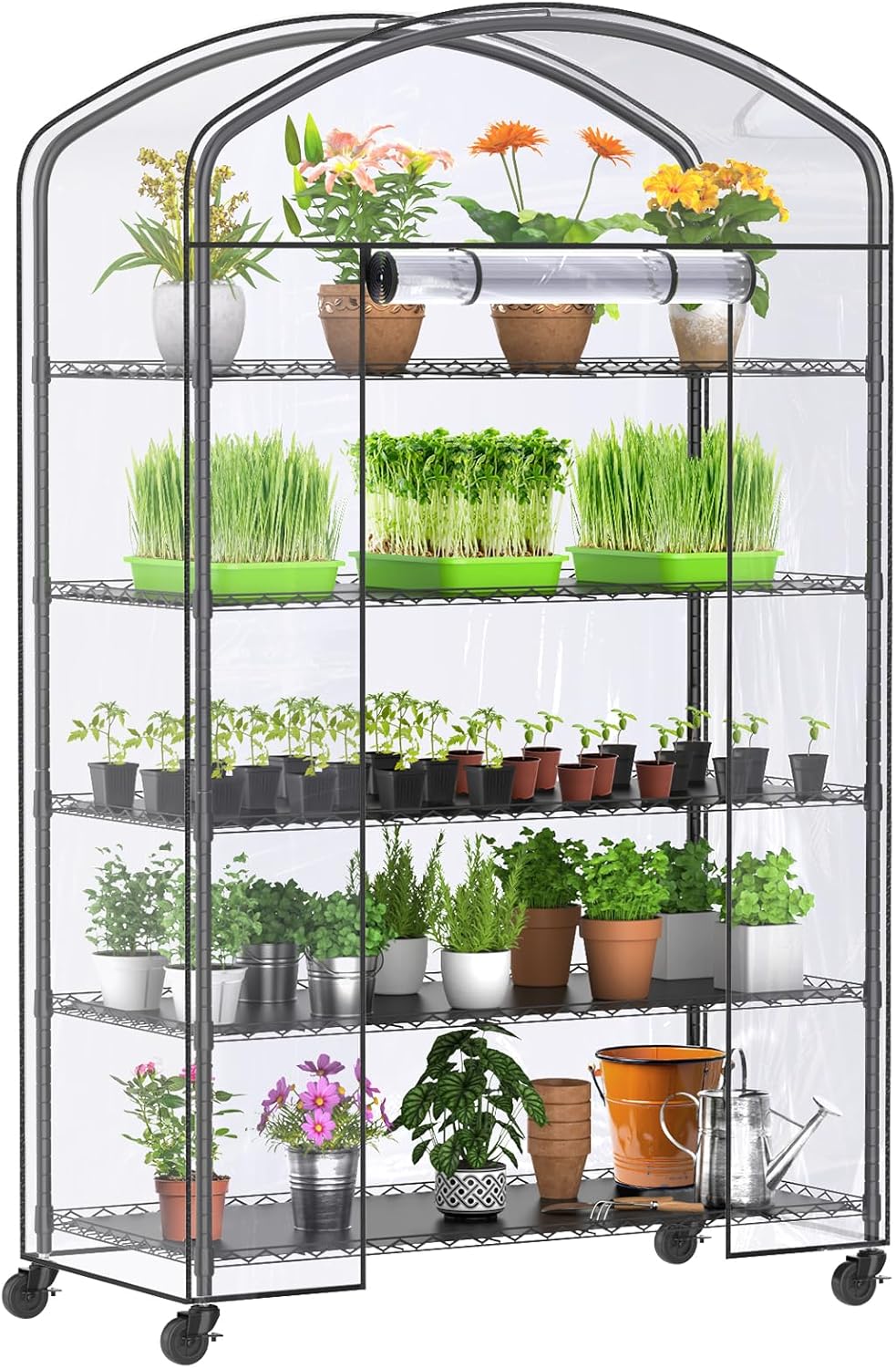 Abimars 5-Tier Greenhouse with Caster Wheel, Each Shelf Height Adjustable Metal Plant Shelf with