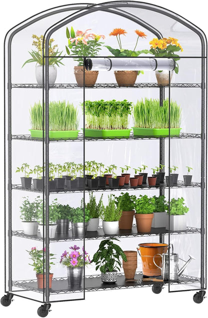 Abimars 5-Tier Greenhouse with Caster Wheel, Each Shelf Height Adjustable Metal Plant Shelf with