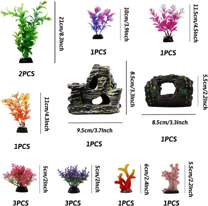 Fish Tank Decorations Plants with Resin Broken Barrel and Cave Rock View, 15pcs Aquarium