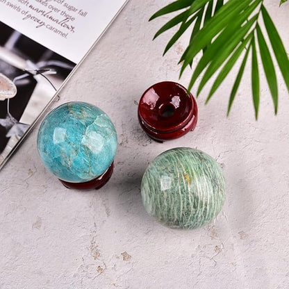 JIC Gem Natural Amazonite Crystal Ball with Wood Stand Gemstone Sphere, Polished Healing Energy