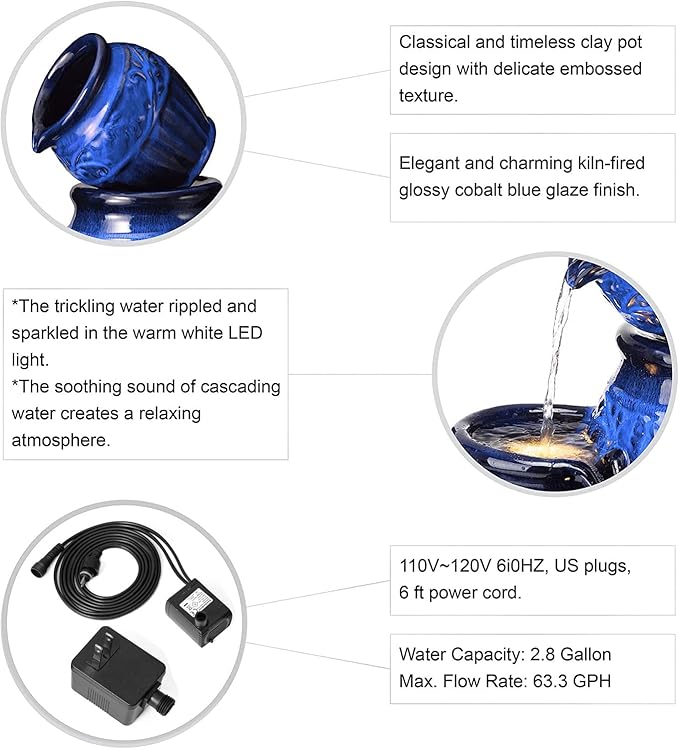 Glitzhome 27.25" H Outdoor Garden Water Fountain with LED Lights and Pump, 4 Tier Cobalt Blue