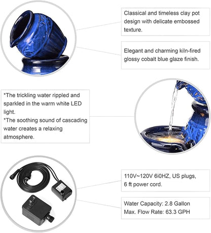 Glitzhome 27.25" H Outdoor Garden Water Fountain with LED Lights and Pump, 4 Tier Cobalt Blue